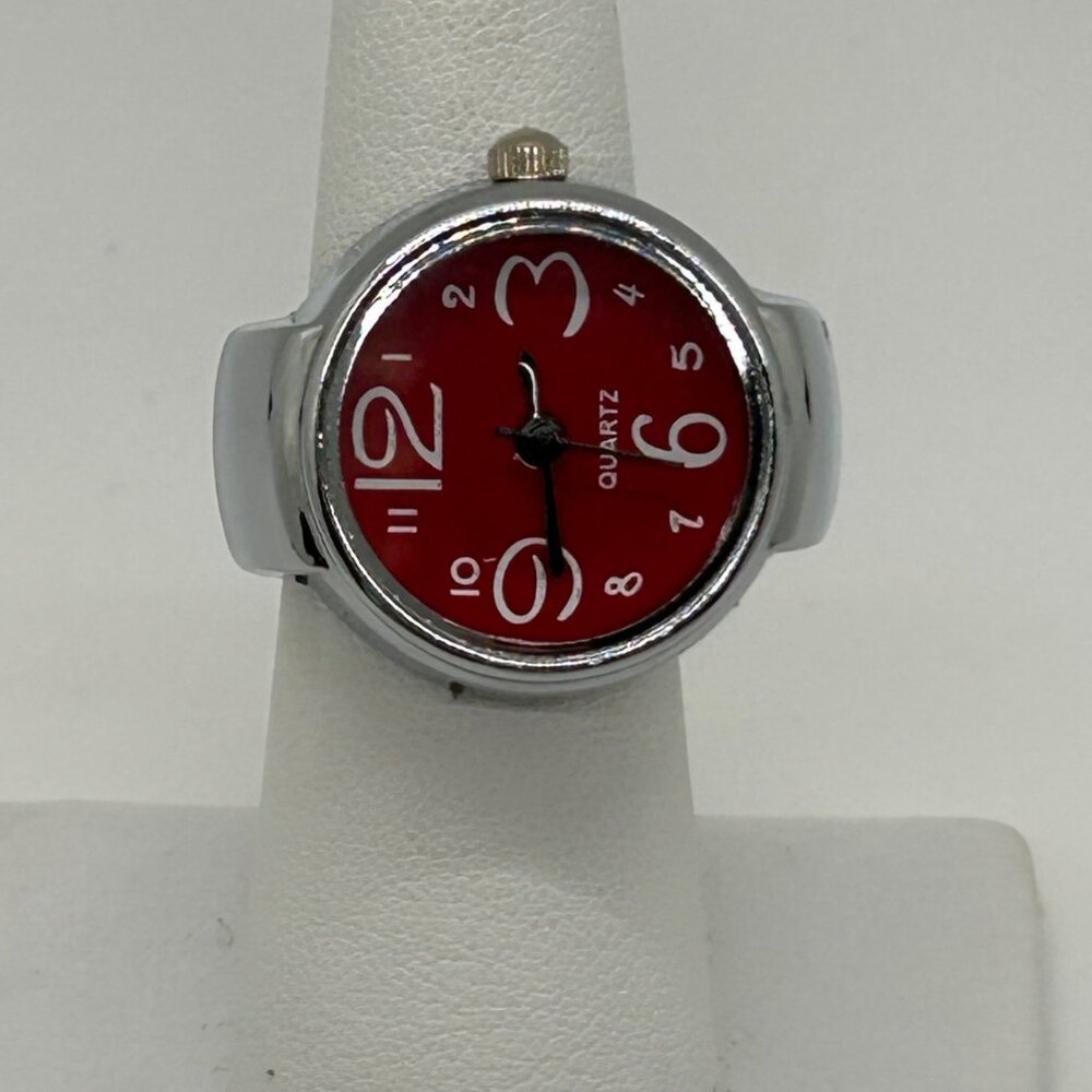 Silver-Tone Stretch Band Ring Quartz Watch With Red Face Adjustable Fit Works - Picture 4 of 10